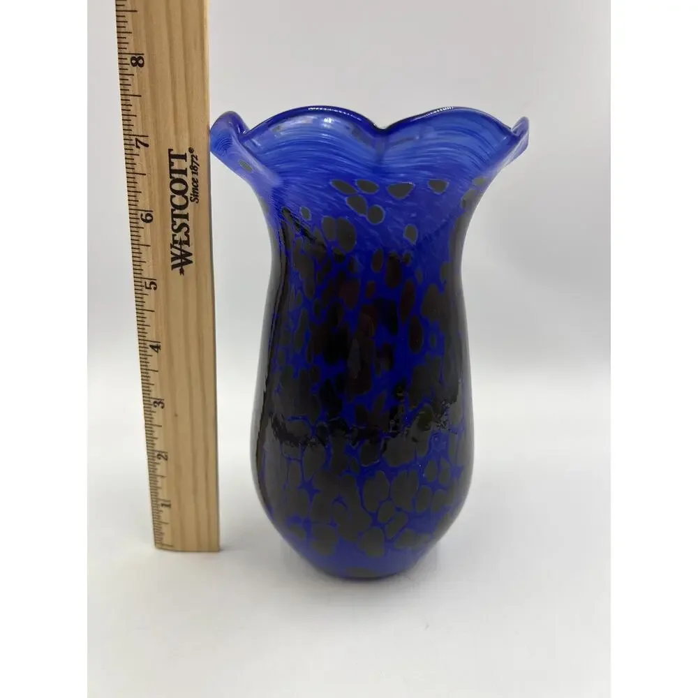 Handblown Art‎ Glass Vase Blue Signed Ruffled